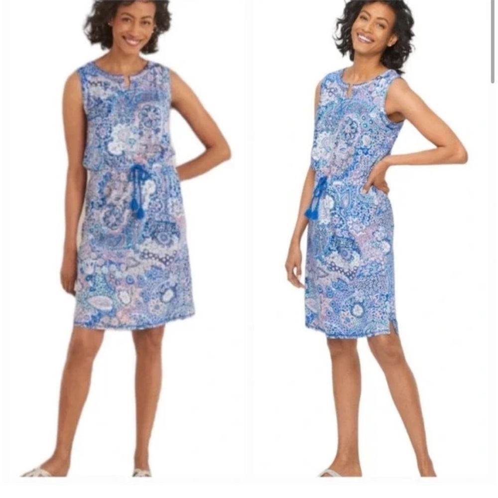 T for Talbots Jersey Paisley Print Cinch Waist Sleeveless Cotton Blend Dress Mp